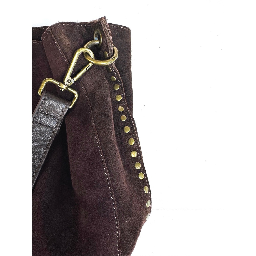 Harbour 2Nd Crossbody Chocolate Brown Suede Leather Brass Tone Studded Hobo Bag - Picture 9 of 16